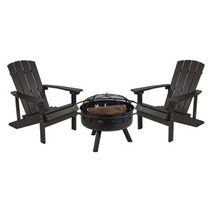 Flash Furniture 3 Piece Charlestown Poly Resin Wood Adirondack Chair Set with Fire Pit - Star and Moon Fire Pit with Mesh Cover - 1 of 4