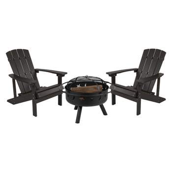Flash Furniture 3 Piece Charlestown Poly Resin Wood Adirondack Chair Set with Fire Pit - Star and Moon Fire Pit with Mesh Cover