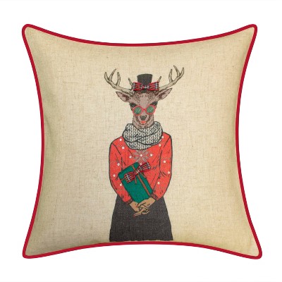 18"x18" Reindeer Girlfriend Plaid Square Throw Pillow Natural/Red - Edie@Home