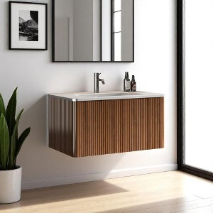 30" Wall-Mounted Floating Bathroom Vanity with Striped White Texture, Glossy White Integrated Ceramic Sink, Push-Open Drawer - 1 of 4
