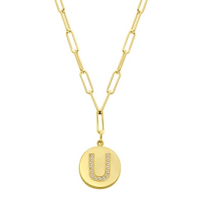 Adornia Tarnish Resistant 14k Gold Plated Pave Crystal Initial Disc Paperclip Necklace