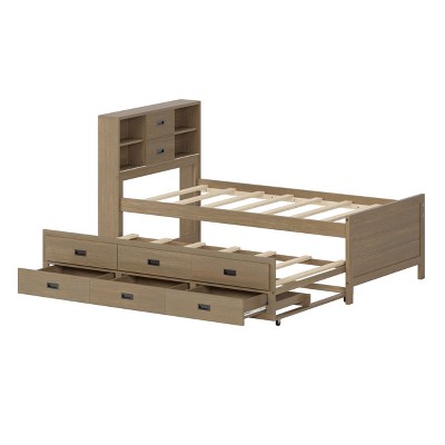 NicBex Captain Bed with Trundle, Day Bed with 3 Storage Drawers, Sofa Bed Frame with Storage Bookcase Headboard