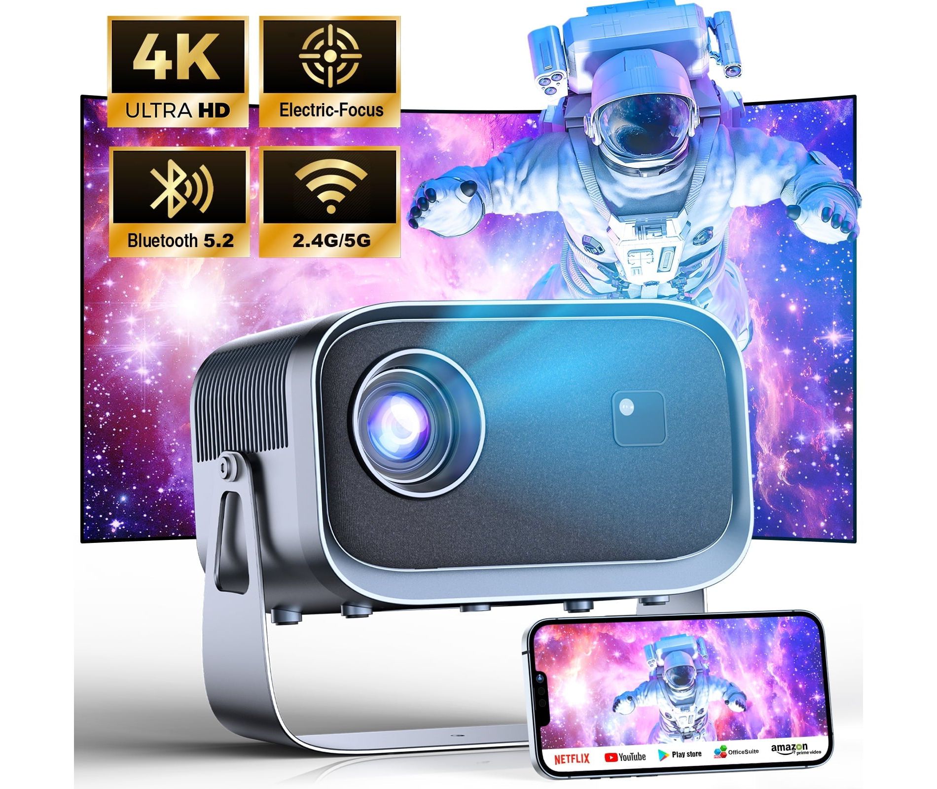LOSEI Projector Supports 4K resolution Smart Projector Auto Keystone Correction Portable Projector with iOS/Android black