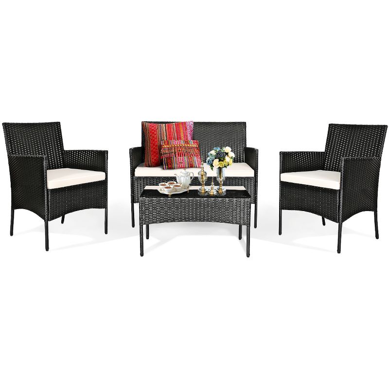 Tangkula Rattan Patio Conversation Set Cushioned Sofa with Coffee Table, 4 of 9