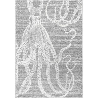 Contemporary Coastal Charm Gray Stripe Synthetic Area Rug, 5' x 8'