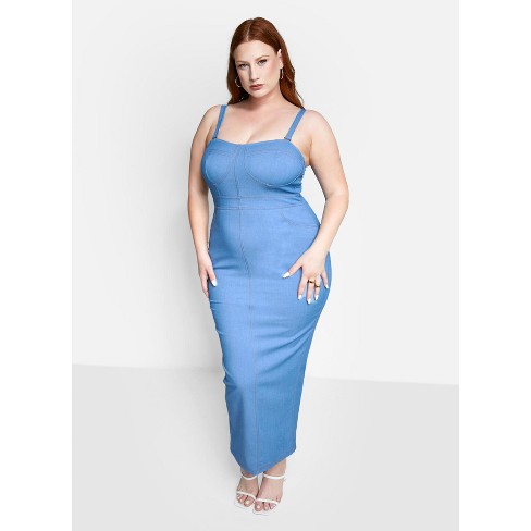 Rebdolls Women's Skylar Denim Corset Midi Bodycon Dress - Blue