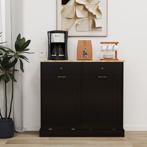 Tilt Out Trash Cabinet, Wooden Free Standing Trash Cabinet With 2 Drawers And Spacious Tabletop, Dog Proof Trash Can, Recycling Trash Can Holder - 1 of 4