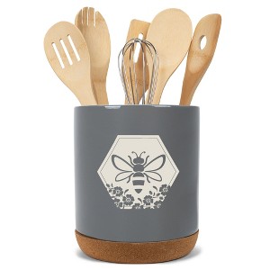 Elanze Designs Bee Honeycomb Flowers Arrangement Hive Ceramic Cork Bottom Gray Large Capacity Utensil Holder Crock for Countertop Storage, Stylish & - 1 of 4