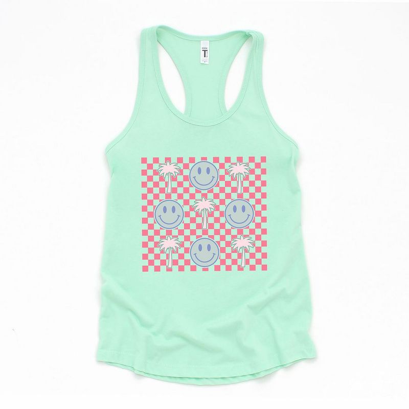 Simply Sage Market Women's Smiley Palm Trees Checkered Graphic Racerback Tank, 1 of 4