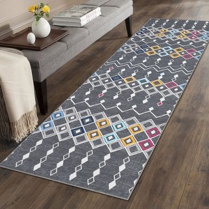 Machine Washable Boho Vintage Area Rug Non-Slip Non-Shedding Geometric Indoor Distressed Soft Low Pile Carpet for Living Room Bedroom Kitchen - 1 of 4