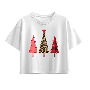Girls' - Instant Message - Leopard Print Christmas Trees Short Sleeve Boxy Graphic T-Shirt - 1 of 2