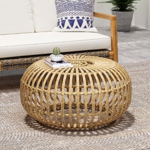Boho Faux Rattan Outdoor Side Table, Handcrafted Patio Coffee Table, 29.5" Round Patio End Tables -Christopher Knight Home - 1 of 4