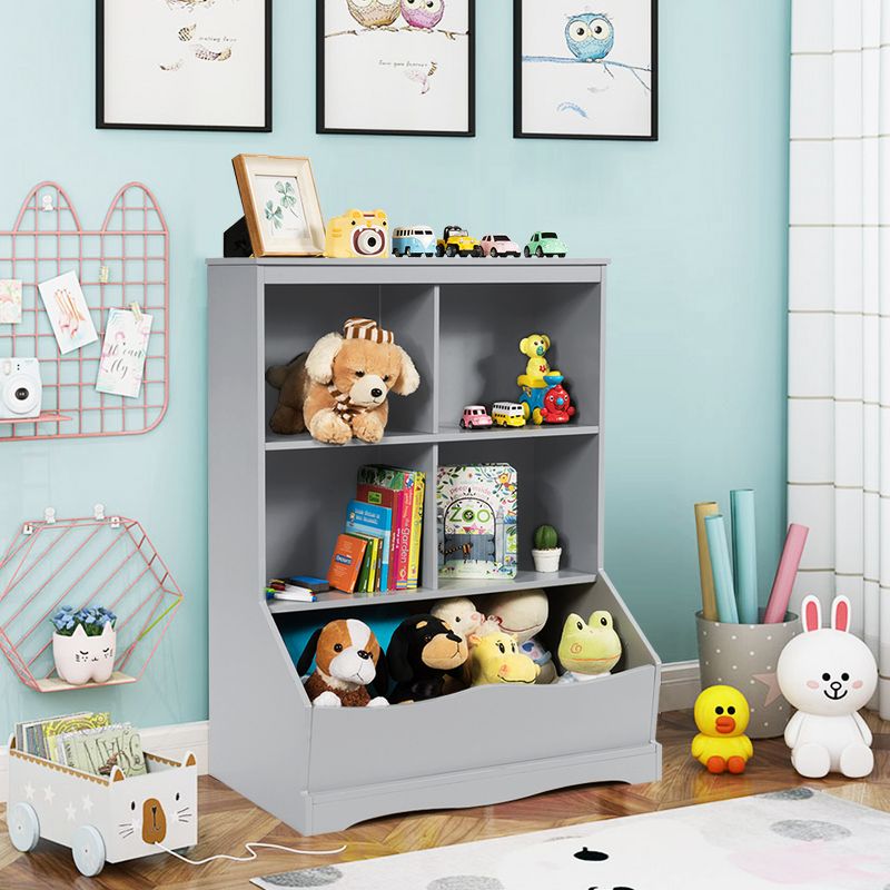 Costway 3-Tier Children's Multi-Functional Bookcase Toy Storage Bin Floor Cabinet GreyWhite, 2 of 13