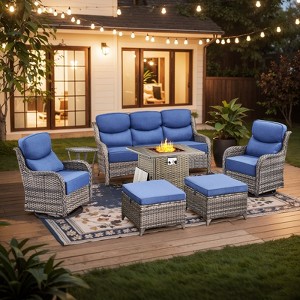 Buenhomino 7 Pieces Patio Furniture Sets with Fire Pit Table, Wicker High Back Outdoor Swivel Rocking Chairs Set with 3-Seat Couch, Ottomans and Table - 1 of 4