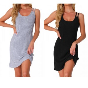 INSPIRE CHIC Women's 2 Pcs Sleeveless Crew Neck Ribbed Knit Nightgown Double Strap Chemise - 1 of 4
