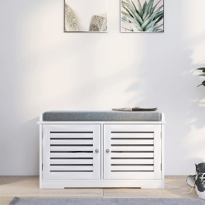 Shoe Storage Bench with Padded Seat Cushion, Entryway Bench with 2 Barn Doors-White - 1 of 4