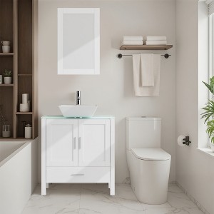Wooakway 30" White Bathroom Vanity Set with Glass Top Sink Cabinet and Mirror - 1 of 4