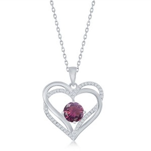 Bella Silver Sterling Silver Double Heart "February" Birthstone CZ 18" Pendant Necklace  - Amethyst CZ - Purple - 1 of 2