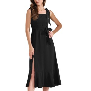 INSPIRE CHIC Women's Elegant Square Neck Sleeveless Tie Waist Smock Ruffled Hem Side Slits Midi Dress - 1 of 4