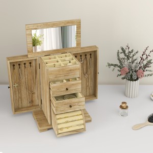 Compact Wooden Jewelry Box with Rotating Side Doors, Multi-Layer Storage, and Built-In Mirror for Organized Accessories - 1 of 4