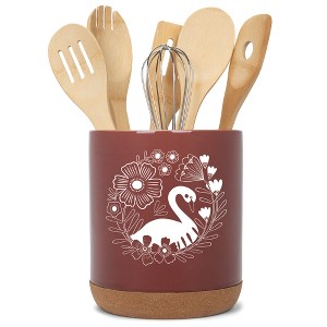 Elanze Designs 8 inch Floral Swan Large Ceramic Kitchen Utensil Holder Red and White Crock with Cork Base - 1 of 4