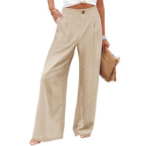 Womens Wide Leg Long Pants Casual Button Up High Elastic Waisted Business Offices Trousers Straight Pants with Pocket - 1 of 4