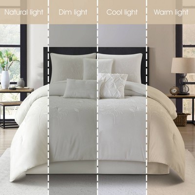 Queen Beige Microfiber 7-Piece Comforter Set with Floral Embroidery