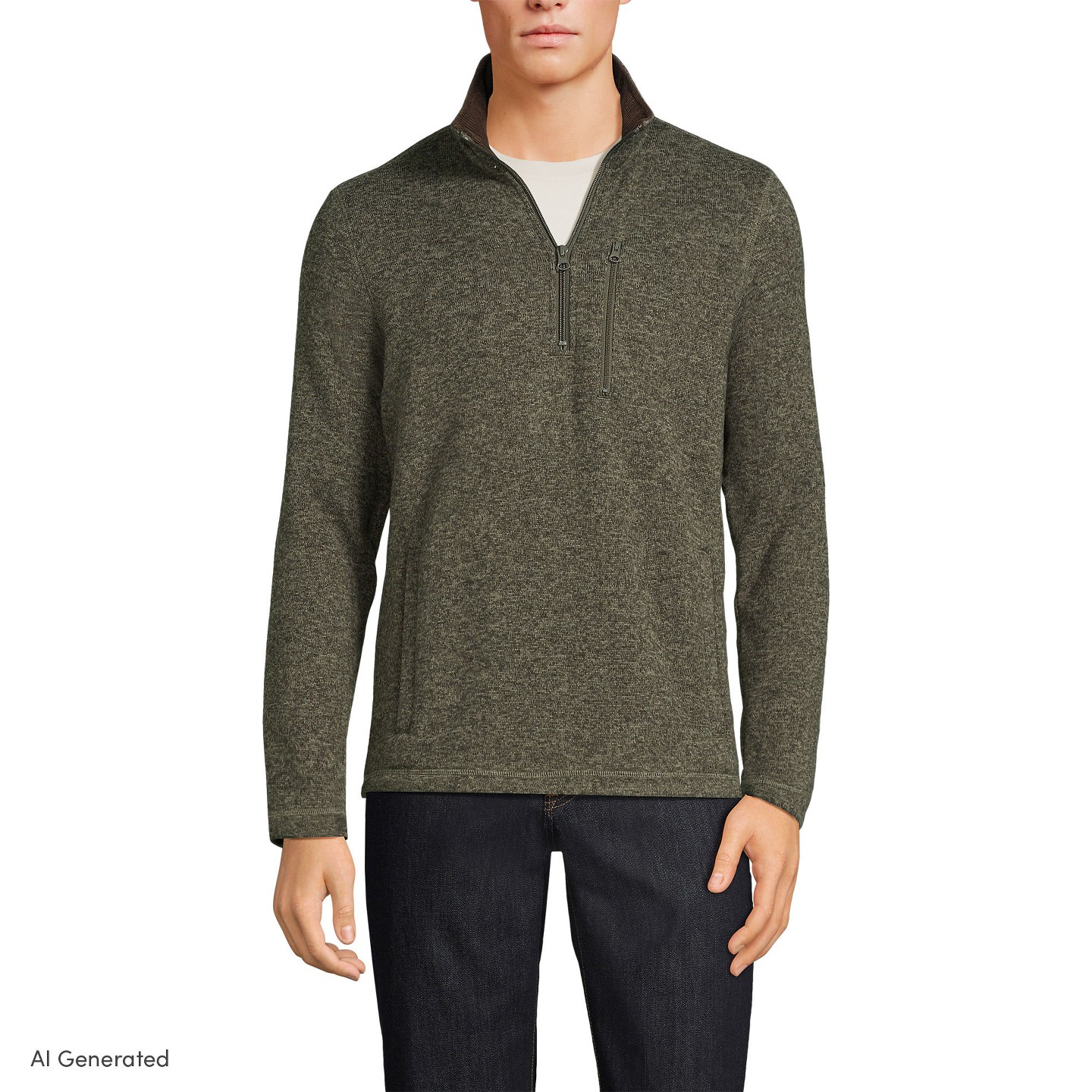 Мужской свитер Lands' End Sweater Fleece Quarter Zip Pullover - Small - Olive Field Heather, цвет: Оливковый — фото 1