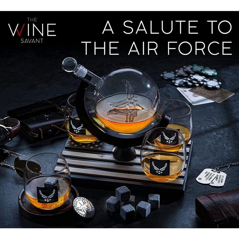 The Wine Savant Airforce Globe Design Whiskey & Wine Decanter Set Includes 4 Airforce Whiskey Glasses & 9 Whiskey Stones - 850 ml, 3 of 7