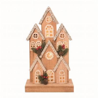 Transpac Wood Brown Christmas Light Up Rustic Village