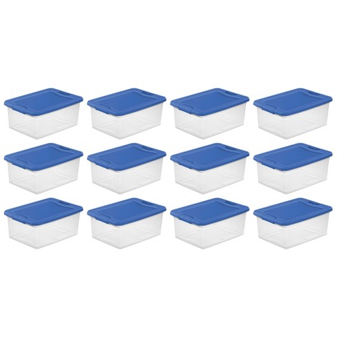 Sterilite Latching Plastic Storage Box with Blue Latches, 64 qt, Clear - 12 pack