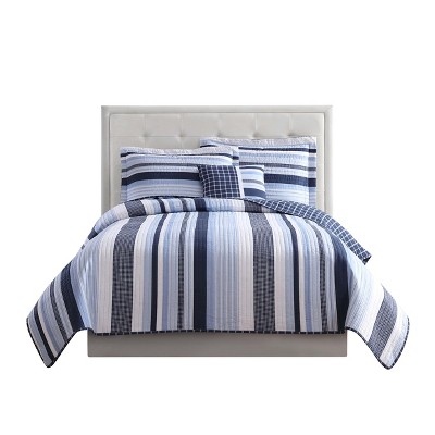 Blue Striped Twin Microfiber Reversible Comforter Set