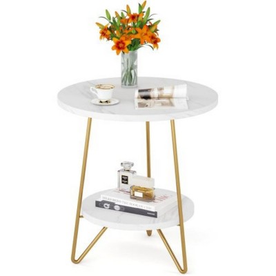 Syemin End Tables Round Faux Marble End Table, 2-Tier Round Side Table, Modern Small Coffee Table for Living Room, Bedroom, White, 18.9"*18.9"*21.65"