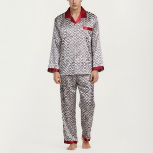 Anna-Kaci Men's 2-Piece Set Satin Pajamas with Geometric Print Contrast Collar and Button-Up Top - 1 of 4