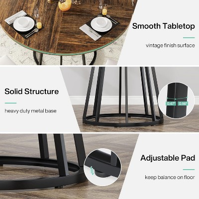 Brown Round Wood Dining Table with Black Metal Base, 47.2 Inch