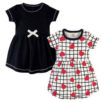 Touched by Nature Baby and Toddler Girl Organic Cotton Short-Sleeve Dresses 2pk, Black Red Heart