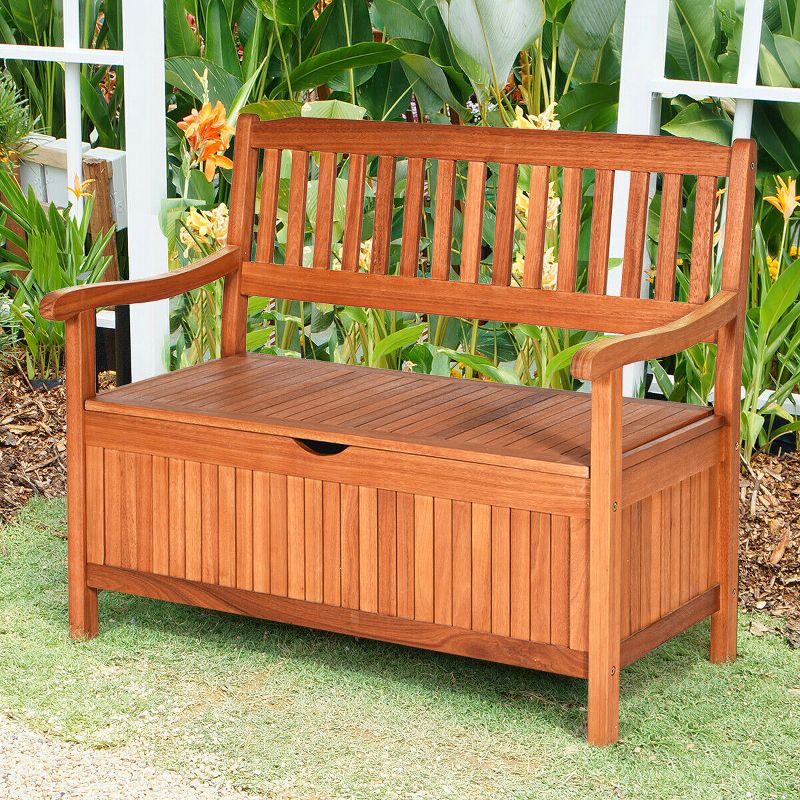 Costway 42'' Storage Bench Deck Box Solid Wood Seating Container Tools Toys W/Backrest, 1 of 11
