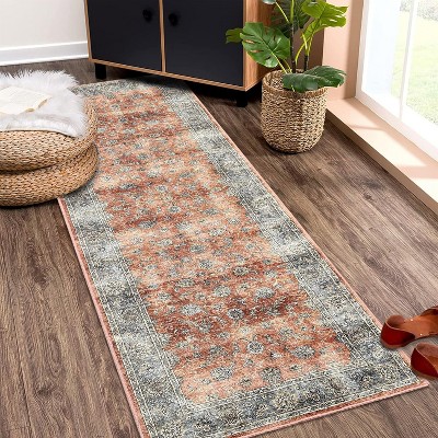 Runner Rug Machine Washable Vintage Floral Hallway Runner Rug Non Slip Low Pile Distressed Area Rugs for Entryway Hallway Kitchen Laundry Room
