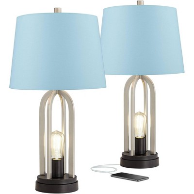 360 Lighting Industrial Table Lamps Set of 2 with Nightlight USB LED Brushed Nickel Blue Hardback Drum Shade Living Room Bedroom