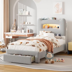 Twin Bed Frame with 2-Tier Storage Headboard, LED Platform Bed with Charging Station and Drawer,No Box Spring Needed - 1 of 4