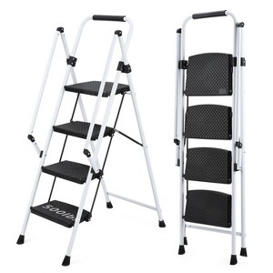 Gulches strong Four-step steel ladder, light folding step stool, wide anti-skid pedal & safety handle, applicable to family, kitchen, office, White - 1 of 4