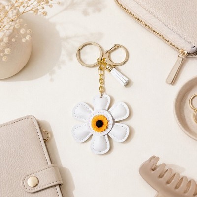 Alilang Women's Faux Leather Sunflower Bag Charm Keychain Beige Floral Purse Accessory with Tassel - White — фото 3