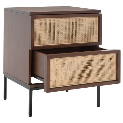 Walnut and Natural Rattan 2-Drawer Nightstand