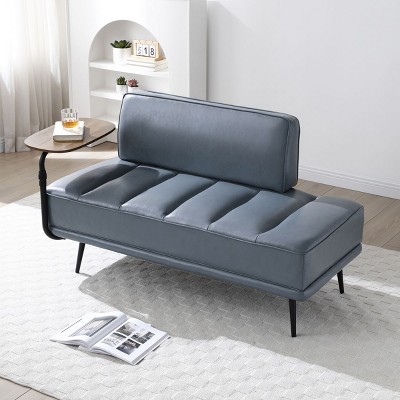 55"Width End Of Bed Bench,Faux Leather Minimalist Armless Chaise Lounge With Side Table,360° Swivel Tray Window Bench With Metal Legs-Cuddlewood