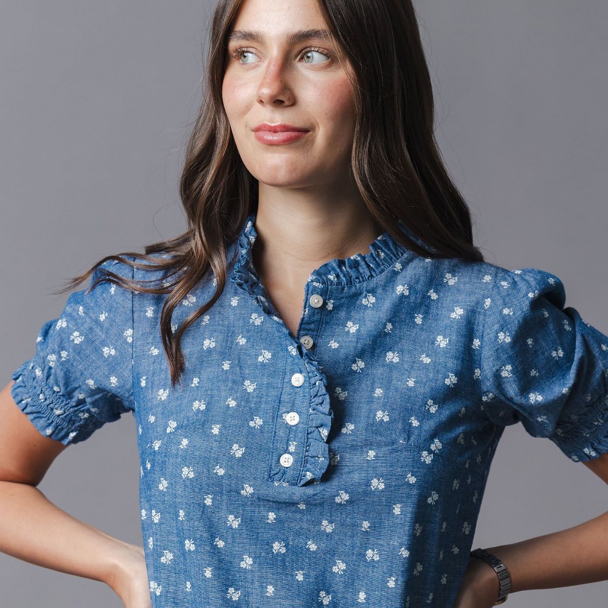 Hope & Henry Organic Chambray Puff Sleeve Top, Adult - thumbnail 3