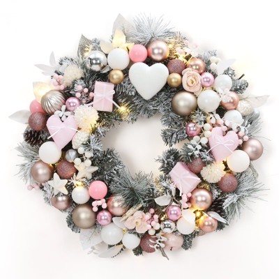 TackView 24" Christmas Wreath for Front Door, Artificial Christmas Wreath with Ornaments, Xmas Decor for Fireplace, Pink