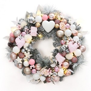 TackView 24" Christmas Wreath for Front Door, Artificial Christmas Wreath with Ornaments, Xmas Decor for Fireplace, Pink - 1 of 4