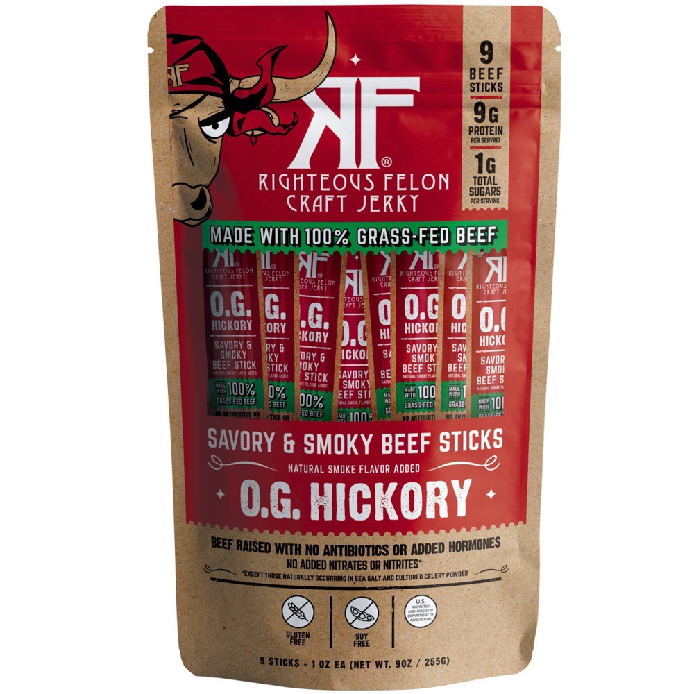 Righteous Felon Craft Jerky OG Hickory Protein Snack Beef Stick - 1oz/9ct