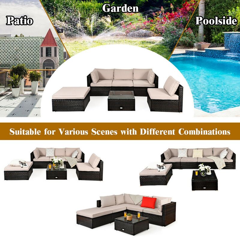 Costway 6PCS Outdoor Rattan Furniture Set Patio Seating Set Cushioned Ottoman, 5 of 10