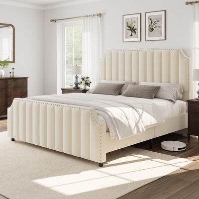 Whizmax Platform Bed Frame with Headboard, Velvet Upholstered Bed Frame King with Vertical Channel Tufted Headboard & Footboard, Nailhead Trim